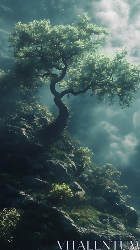 Solitary bent tree stands on rocky slope in diffused light