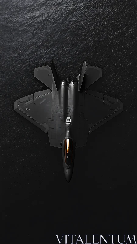 Stealth jet poised above dark ocean in quiet symmetry.