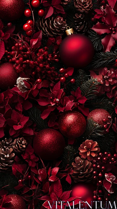 Crimson Christmas ornaments amid pinecones and foliage.