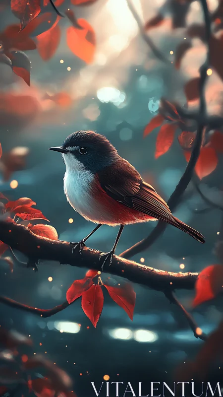 Gentle woodland songbird resting in a dreamy red glow.