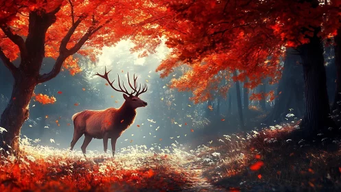 Majestic stag under crimson autumn canopy in misty forest.