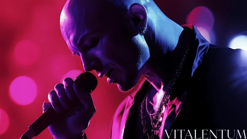 Neon-lit vocalist in dramatic side profile portrait lighting.