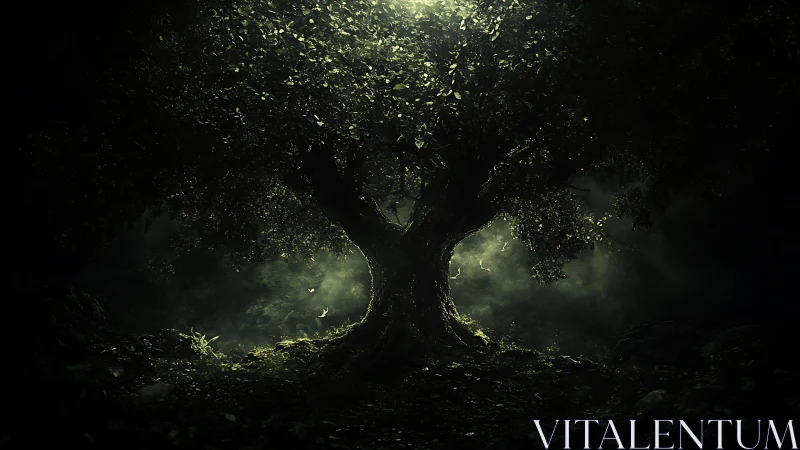 Moonlit roots drink fog while the forest quietly listens