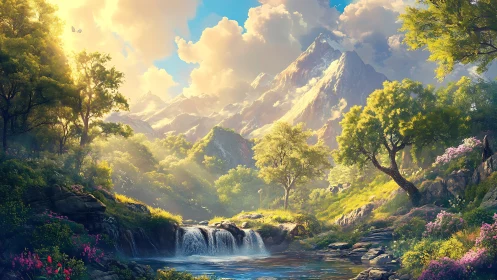 Digital painting of luminous alpine valley with cascades.