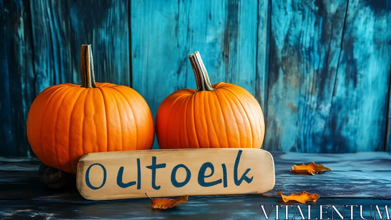 Two pumpkins with handwritten wooden sign on blue boards.