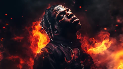 Portrait of defiant man engulfed in stylized cinematic flames