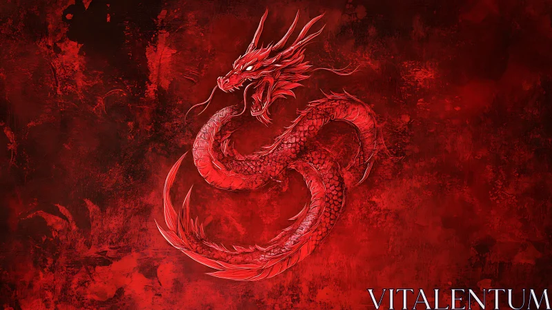 Crimson dragon coils in fiery red shadows with fierce grace