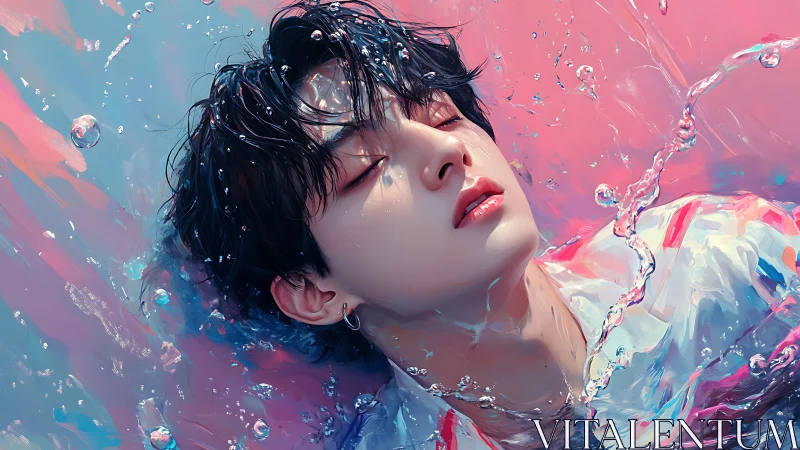 Chromatic aqueous portrait of submerged youth in repose.