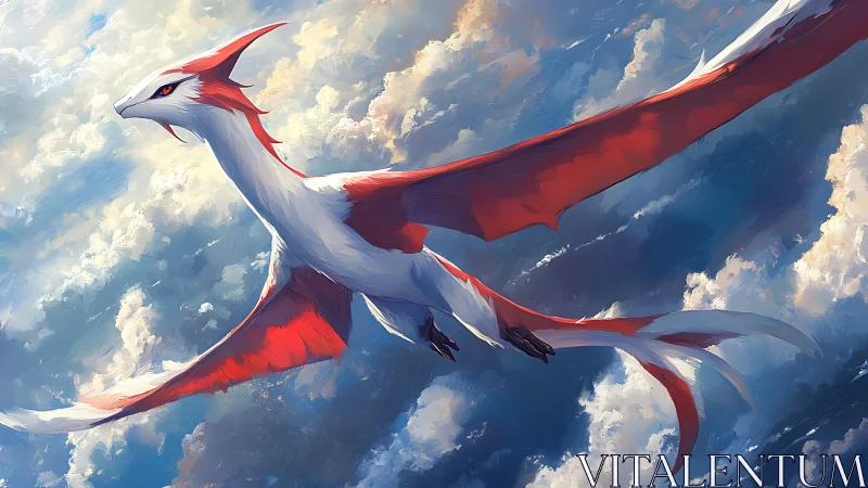 Crimson-winged dragon soars through luminous painted skies