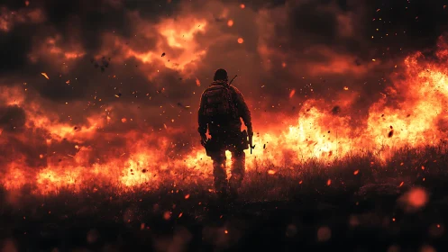 Solitary Figure in Fiery Landscape.