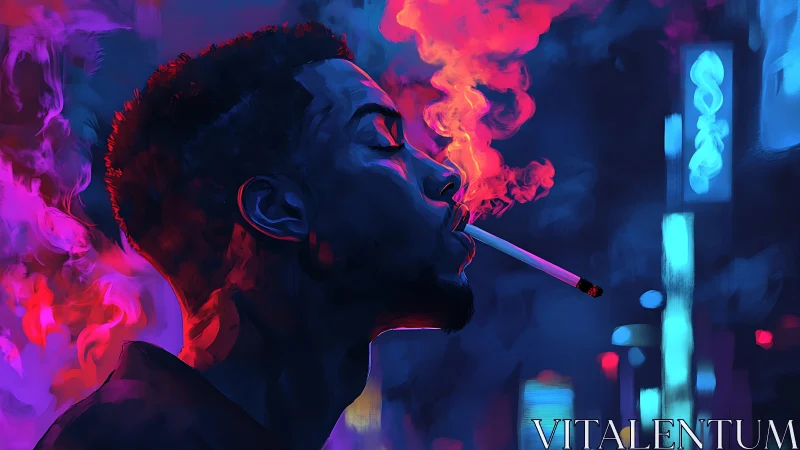 Man smoking in neon city with vivid red and blue smoke.