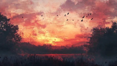 Crimson sky chorus over misty marsh at unruly sunset.