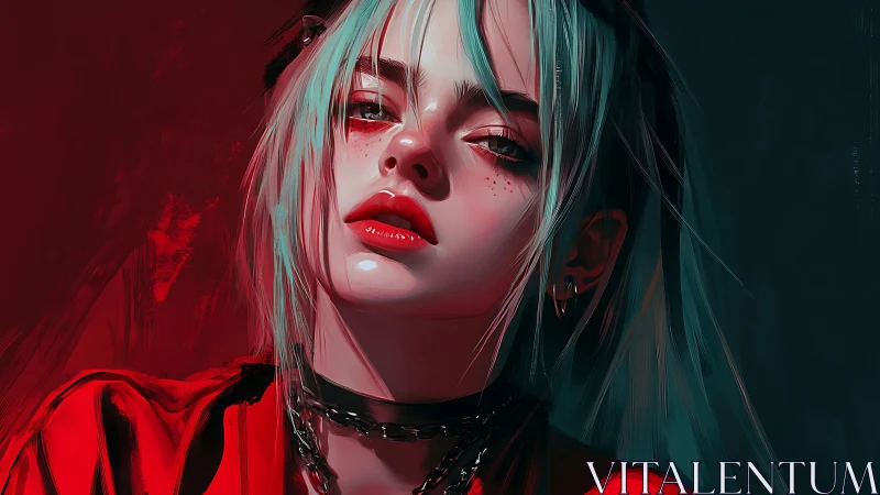 Neon-lit punk portrait with teal hair and red split lighting