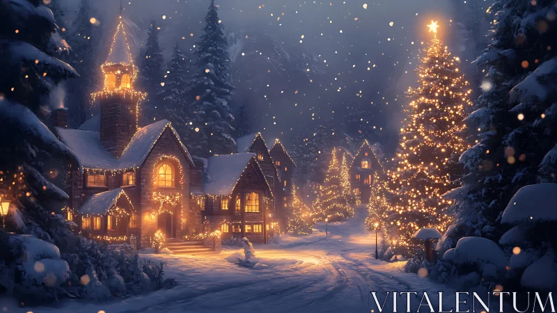 Snowlit village glows under twinkling Christmas starlight.