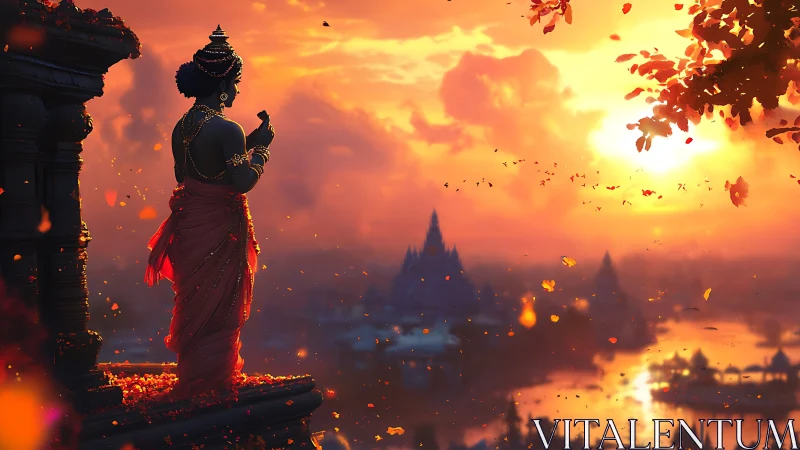 Radiant sunset blessings flow over a tranquil riverside temple