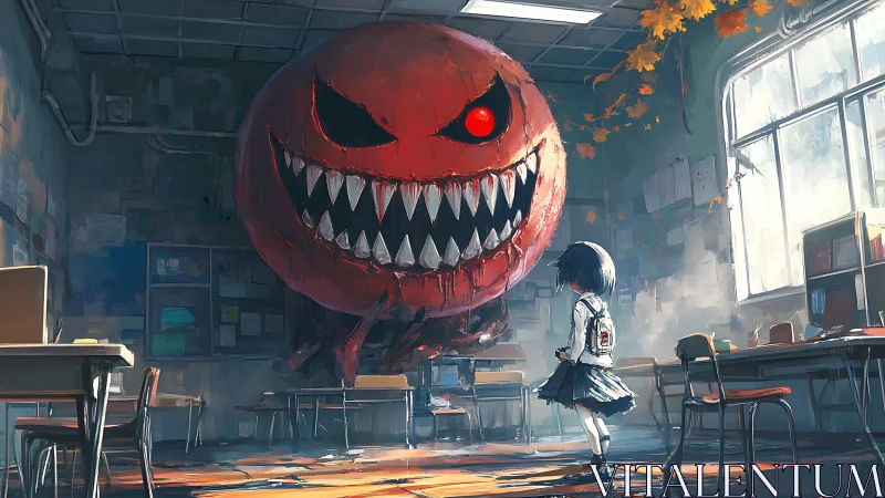 Bold schoolgirl calmly faces a menacing red classroom monster