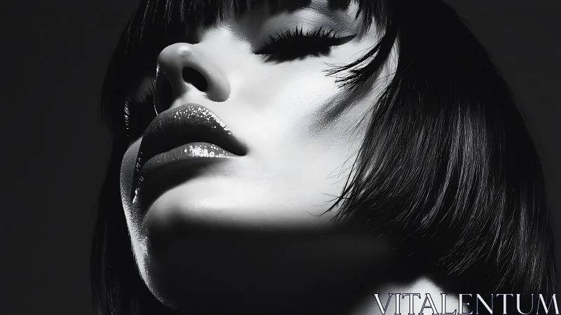 Monochrome close-up captures glossy lips and angled gaze