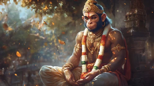 Anthropomorphic monkey deity in ornate garb under dappled temple light