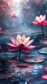 Pink lotus blooms glow over tranquil twilight water.