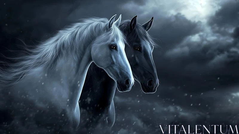 Two detailed horse heads emerge from a dark stormy sky