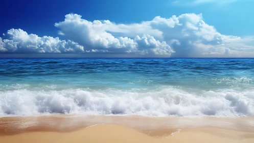 Sunlit shore where rolling waves meet bright blue skies.