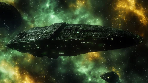 Massive green-illuminated starship crosses nebula with dense hull detail