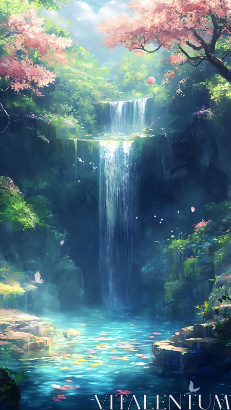 Luminescent waterfall oasis framed by blooming cherry canopy.