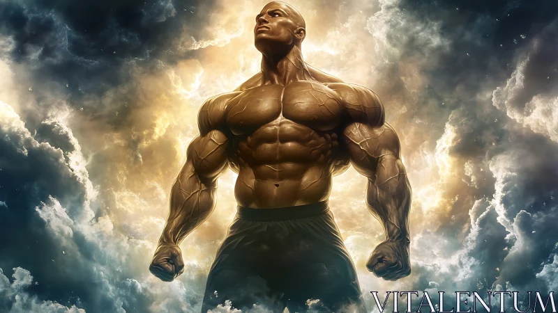 Muscular male figure in clouded, backlit digital scene.