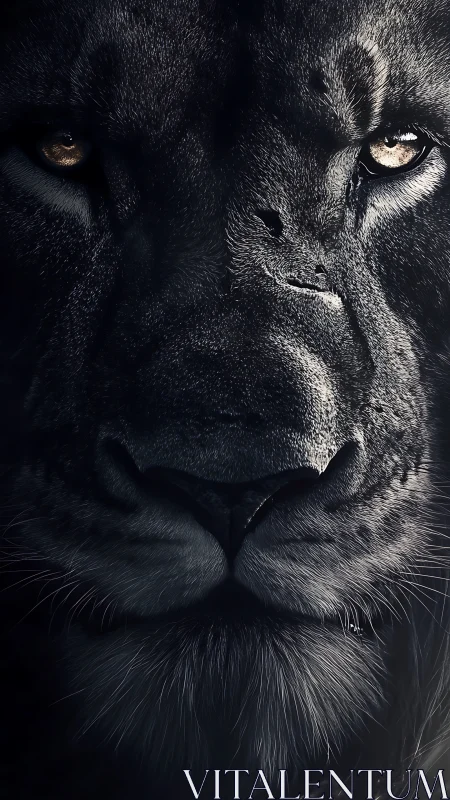 Black lion head portrait with golden amber eyes