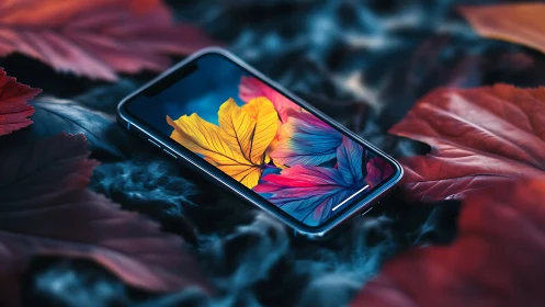 Smartphone display embeds vivid macro foliage amid moody bokeh field