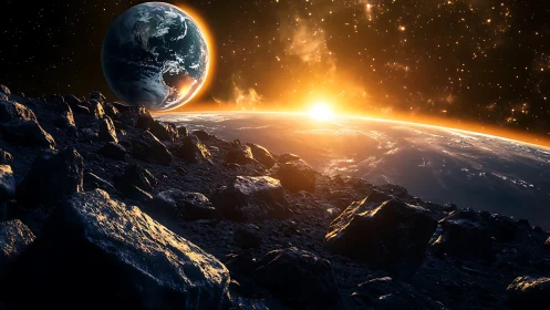 Rocky lunar foreground frames high contrast Earthrise illumination