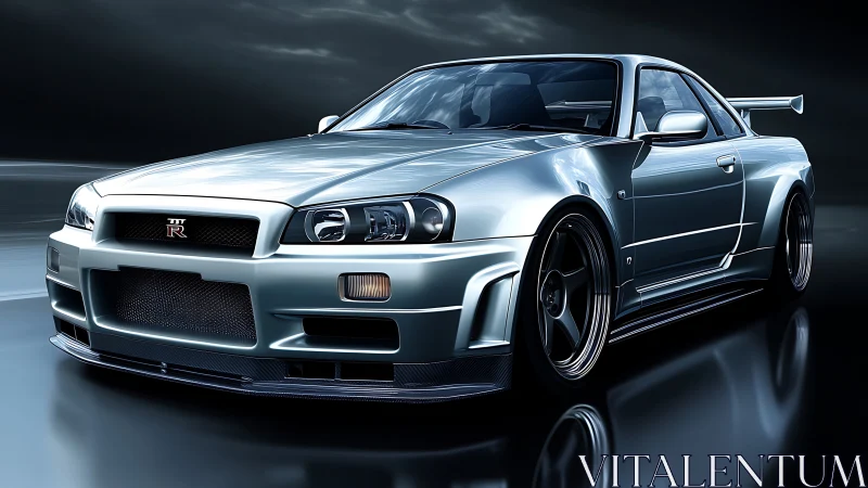 Silver tuner coupe rendered in dynamic low-angle digital lighting