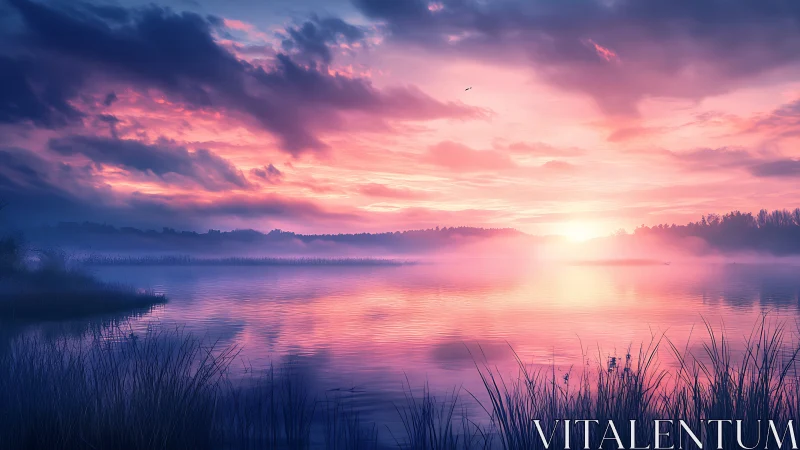 Sky drinks the lake as neon dawn rolls over quiet reeds