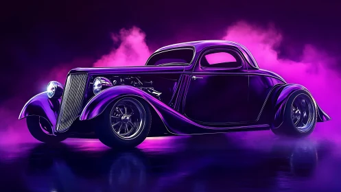 Custom 1930s hot rod coupe rendered in neon magenta rim lighting
