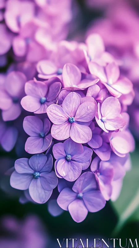 Botanical macro photograph revealing purple hydrangea florets with sharp focus and selective depth o