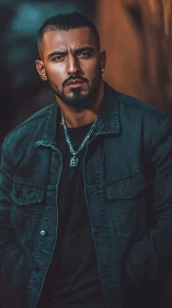 Man stands outdoors in dark jacket under soft shallow focus