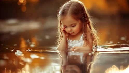 Young child positioned at water surface with golden ambient lighting