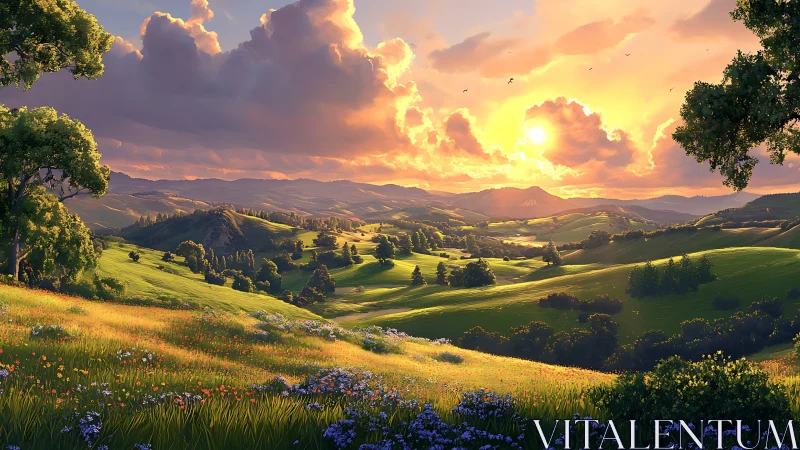 Golden sunset over rolling meadows glows with gentle warmth