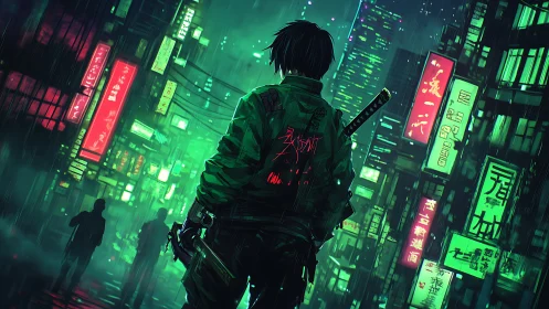 Neon rain crowns a lone cyber ronin in glitching alleyways