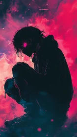 Masked neon figure crouches inside vivid pink smoke field