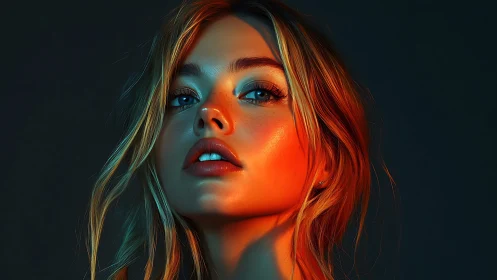 Luminous portrait under dual cyan and amber rim light glow.