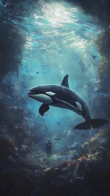 Astral orca drifts above a wandering seabed dreamer.