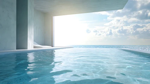 Minimalist infinity pool merges with bright open sea horizon.