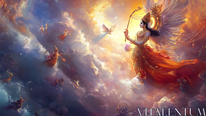 Winged goddess ascends through luminous celestial clouds