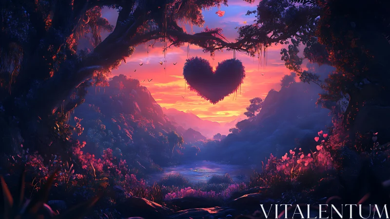 Digitally Rendered Fantasy Landscape with Central Heart Symbol at Sunset