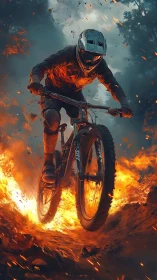 Downhill mountain biker jumping through blazing firestorm.