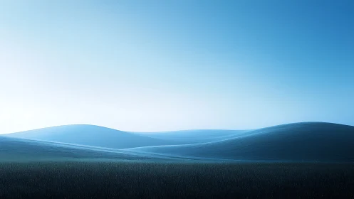 Minimalist blue dunes under gradient dawn sky, low horizon