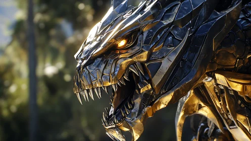 Metallic dragon head with glowing eye in forest light.