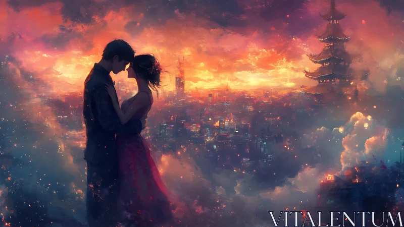 Star-kissed lovers over neon city and drifting pagoda skies.