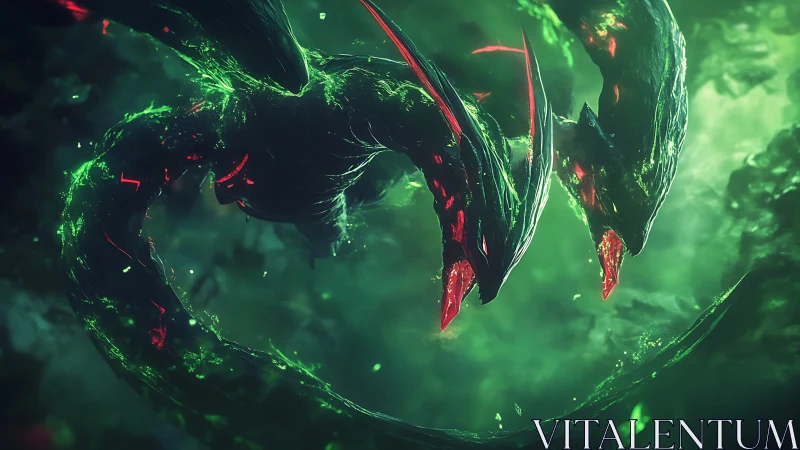Twin-headed void serpent in radioactive emerald storm.